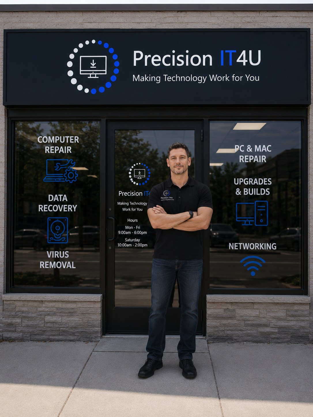 Precision IT4U storefront showing computer repair, data recovery, upgrades, builds, and networking services